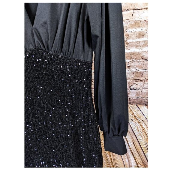 CHICME Black Sequin Ruched Bust Dress, Shirred Waist Long Sleeve Sz MedNew - Picture 5 of 7